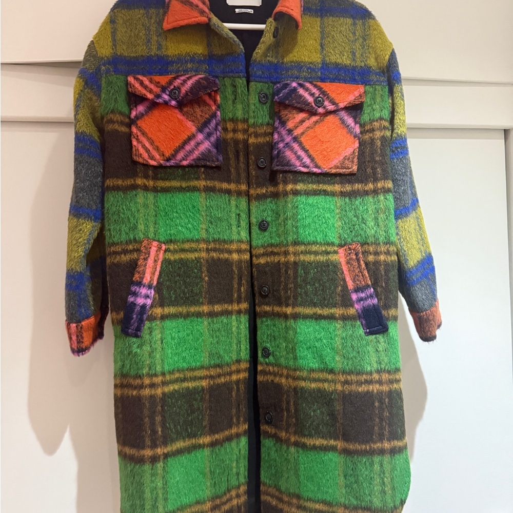 SAYLOR Green and Orange Plaid Pea Coat